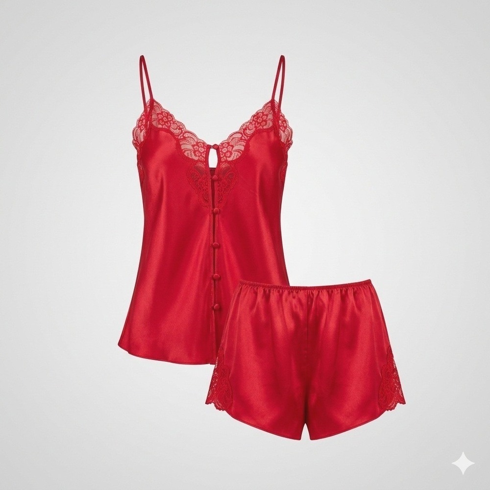 Erika Taylor Red Satin Lace Trim Cami Shorts Pajama Set XL Vintage 90s Lingerie